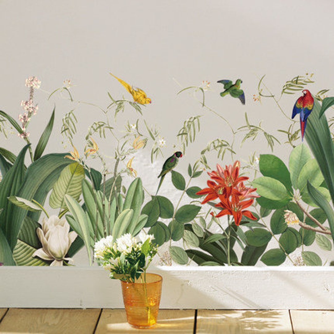 Garden Green Leaf and Red Flower Wall Decal Bird Plants Wall Etsy