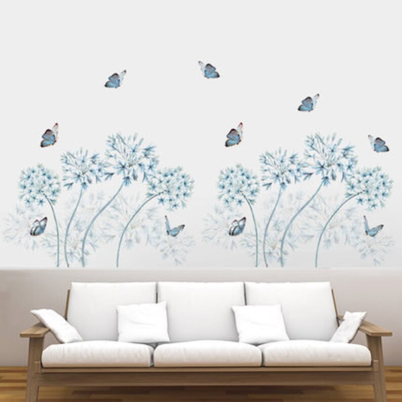 blue dandelion home decor plant Decal butterfly house wallpaper nursery Removable Vinyl Wall sticker living room girls