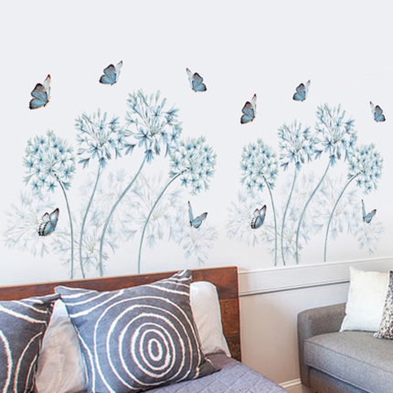 blue dandelion home decor plant Decal butterfly house wallpaper nursery Removable Vinyl Wall sticker living room girls