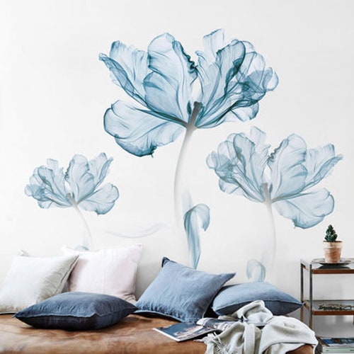 Elegant Blue Big Flower Wall Decals Living Room Girls Well - Wall Stickers Art For Living Room