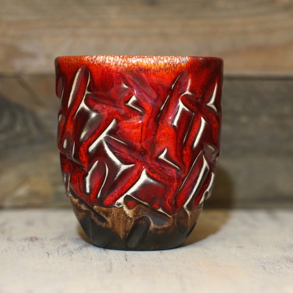 Ceramic cup - Handless pottery mug - Red white pottery - Ceramic mug - Tea mug - Coffee lover gift - Ceramic art - Carved cup - Textured cup