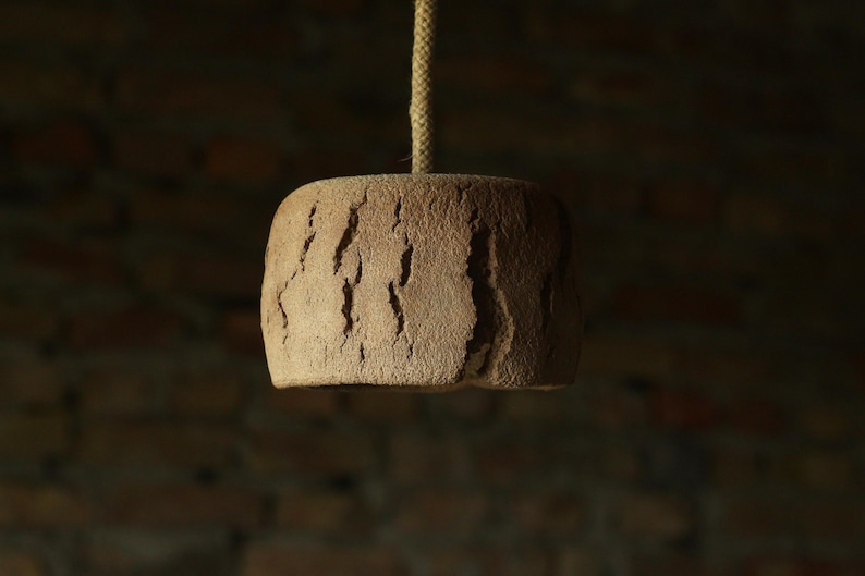 May include: A hanging, textured, brown pendant light fixture. The light has a rectangular shape with a rough, cracked surface. A natural rope suspends the light from above. The background is a blurred brick wall.