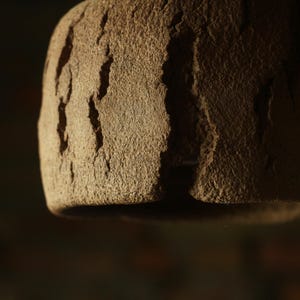 May include: Close-up of a textured, brown, bell-shaped object. The surface has a rough, uneven appearance with vertical grooves. The object is suspended against a dark background, creating a dramatic contrast. The lighting highlights the texture.