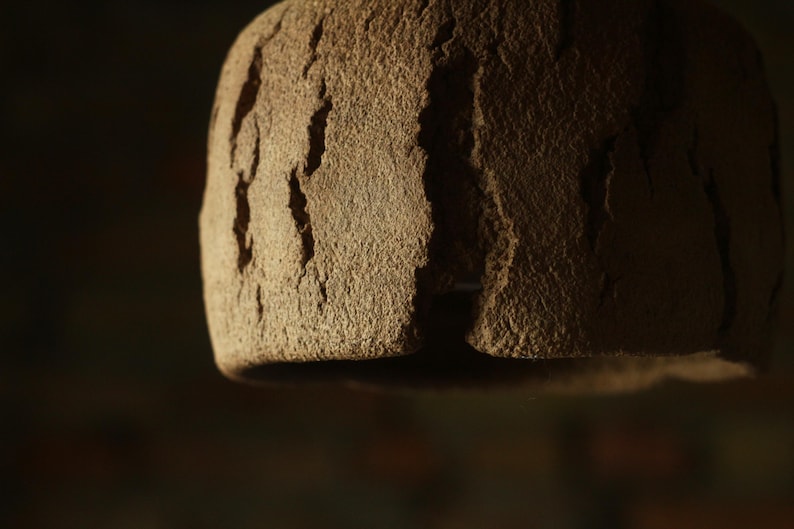 May include: Close-up of a textured, brown, bell-shaped object. The surface has a rough, uneven appearance with vertical grooves. The object is suspended against a dark background, creating a dramatic contrast. The lighting highlights the texture.