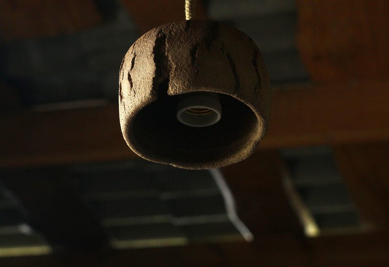 May include: A hanging pendant light fixture with a textured, brown, rock-like shade. The light fixture has a wide opening at the bottom, revealing the light bulb socket. The fixture is suspended by a rope.