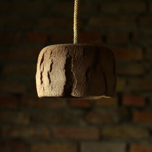 May include: A brown, textured pendant light fixture with a rough, bark-like appearance. The light hangs from a beige rope against a blurred brick wall background. The fixture is cylindrical with vertical grooves.
