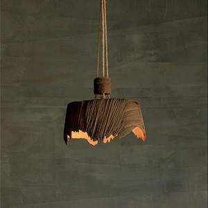 May include: A rustic, brown, wooden pendant light fixture with a frayed rope hanging from the ceiling. The light fixture has a unique, organic shape and is lit from within.