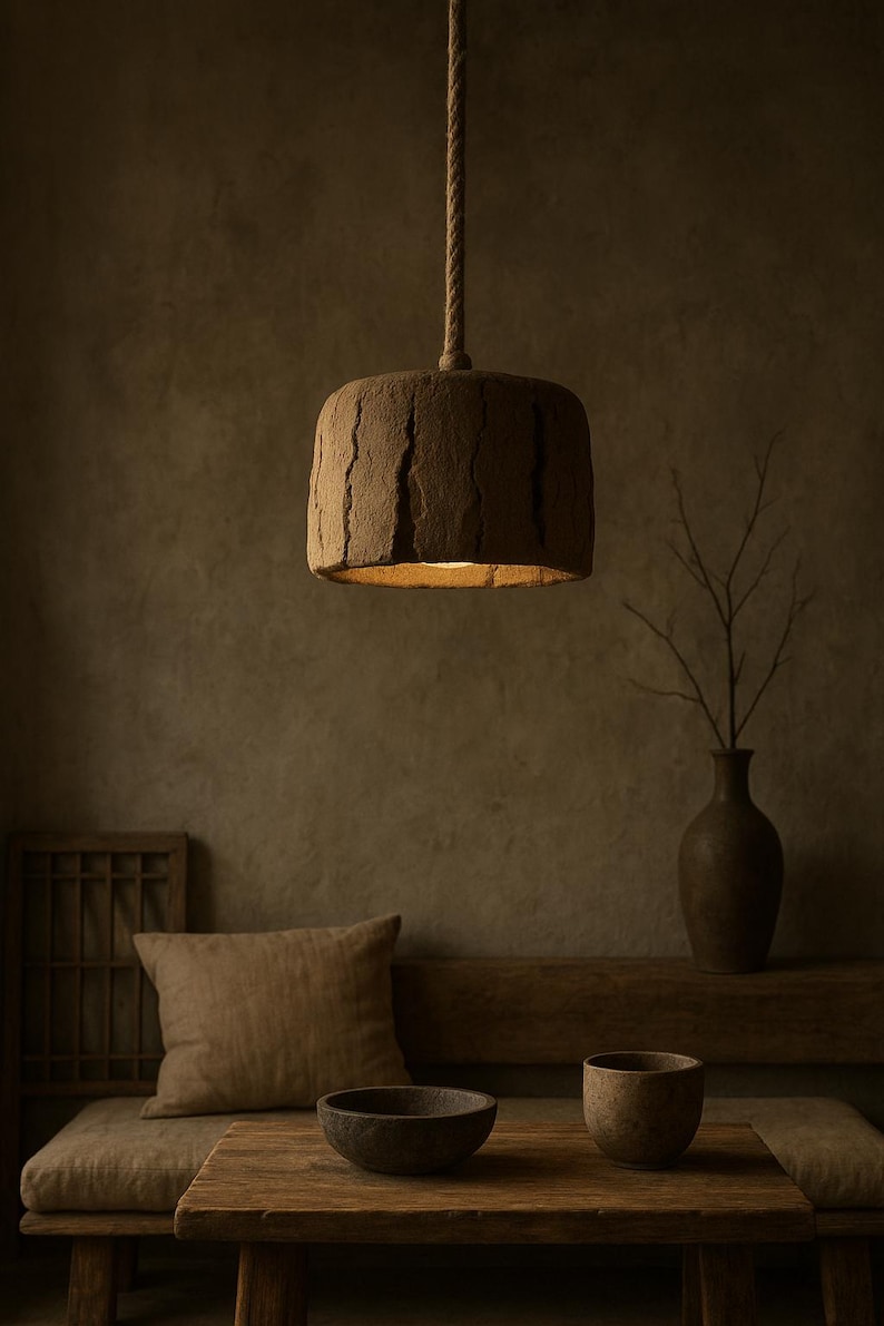 May include: A brown, textured pendant light hangs from a rope. The cylindrical lampshade has a rough, bark-like appearance. The warm light from within illuminates the textured surface. The image has a rustic, earthy aesthetic.