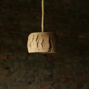 May include: A hanging, cylindrical light fixture with a textured, brown surface. The lamp is suspended from a natural-colored rope against a blurred brick wall background. The fixture's design suggests a rustic or natural aesthetic.