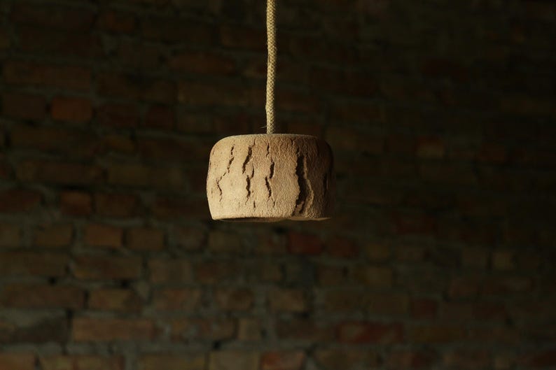 May include: A hanging, cylindrical light fixture with a textured, brown surface. The lamp is suspended from a natural-colored rope against a blurred brick wall background. The fixture's design suggests a rustic or natural aesthetic.