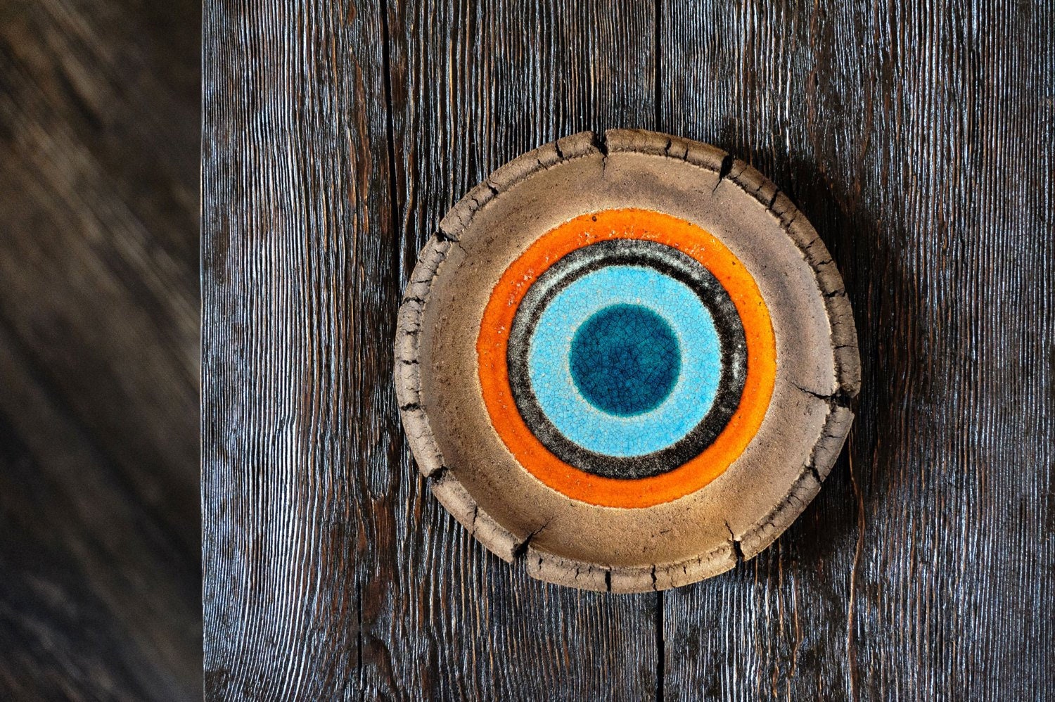 Plaque en Céramique - Plaque de Poterie Faite à La Main Assiette Service Dessert Bleue Orange Poteri