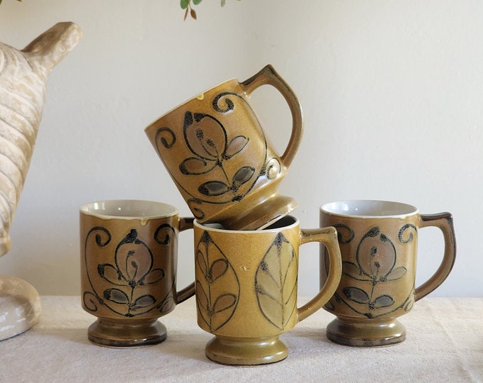 Japanese Stoneware Mugs Neutral Brown Coffee Mug Set of 4 Vintage