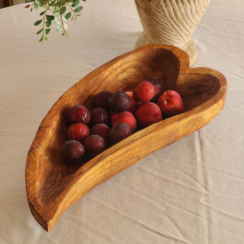 Large Carved Wood Dough Bowl Vintage Dough Bowl Heart Shaped Wooden Fruit Bowl Boho Cottage Kitchen Decor image 1