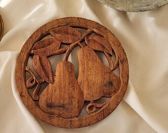 Hand Carved Wood Trivet Vintage Wooden Kitchen Trivet Pear Design Botanical Wood Carved Decor Vintage Neutral Kitchen Decor