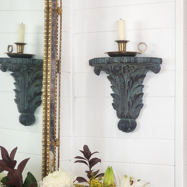 Small Wall Sconce Shelf Vintage Ornate Resin Candle Sconce European Wall Decor Distressed Verdigris Shelf Apartment Decor Candle Shelf