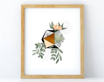 Print of an illustration of geometrical shape, eucalyptus branch and flower / botanical / print art / wall art / abstract / minimalist