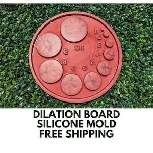 May include: Red silicone mold for making a dilation board. The mold has 10 circular depressions of varying sizes, numbered 1 through 10.