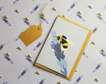 Bee On Lavender - Matching Card & Gift Wrap - Greetings Card - Wrapping Paper - Gift Wrap - Bundle