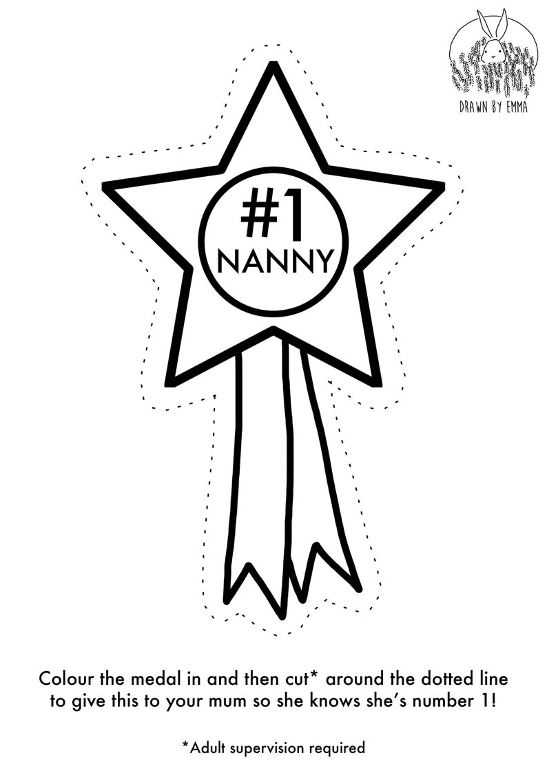 Number One Nanny Colouring In Colouring In Page Mother's Day Gift Mother's Day Card Medal Cut Out Children's Activity image 2