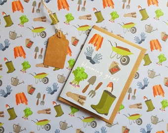 Gardening Tools - Matching Card & Gift Wrap - Greetings Card - Wrapping Paper - Gift Wrap - Bundle