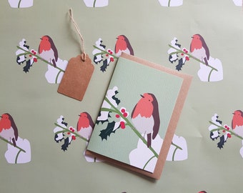 Robin In Holly - Matching Card & Gift Wrap - Greetings Card - Wrapping Paper - Gift Wrap - Bundle