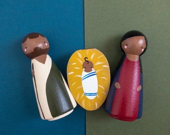 Diverse, kid friendly peg doll nativity set, Holy Family, Mary, Joseph and Jesus, Diverse nativity set, brown skin holy family