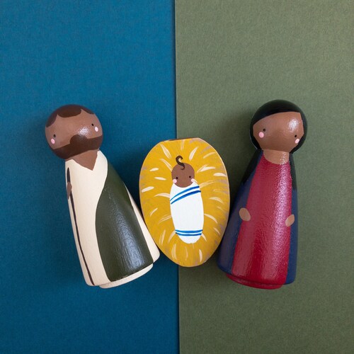 Diverse, kid friendly peg doll nativity set, Holy Family, Mary, Joseph