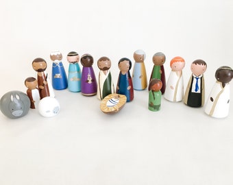 Diverse Wood Peg Doll Nativity Set--Inclusive and Kid Friendly. Includes multiracial skin tones, brown people, women, kids, special needs,