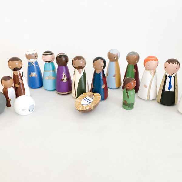 Diverse Holz Peg Puppen Krippen Set--Inklusive und kinderfreundlich. Beinhaltet multiethnische Hauttöne, braune Menschen, Frauen, Kinder, besondere Bedürfnisse,