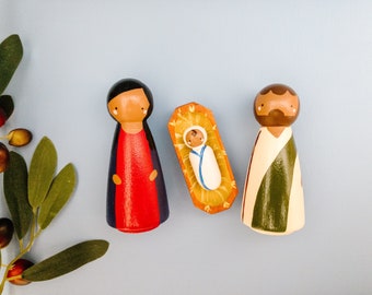 Diverse Wood Peg Doll Nativity Scene for Toddlers, Small Nativity Set for Kids, Holy Family Mary Joseph and Jesus, Brown Skin Jesus