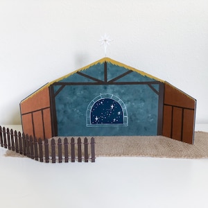 Nativity Stable Backdrop for Peg Doll Nativity Sets, Manger Scene Stable and Star w/ fence, Christmas Scene Background for Kids Nativity Set