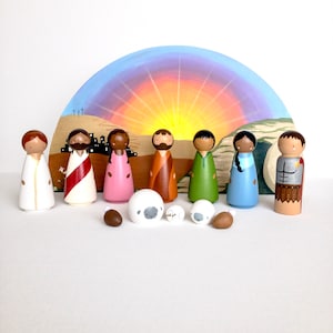 Easter Creche Wood Peg Doll Easter Nativity Scene, Easter Nativity for Kids, Easter Animals, Brown Jesus Bible Peg Dolls for Holy Week