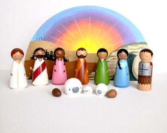 Easter Creche Wood Peg Doll Easter Nativity Scene, Easter Nativity for Kids, Easter Animals, Brown Jesus Bible Peg Dolls for Holy Week