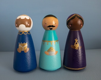 Peg Doll Nativity Set Three Wise Men, Three Magi, Wise Woman, Peg People Camels for Kids Nativity Set