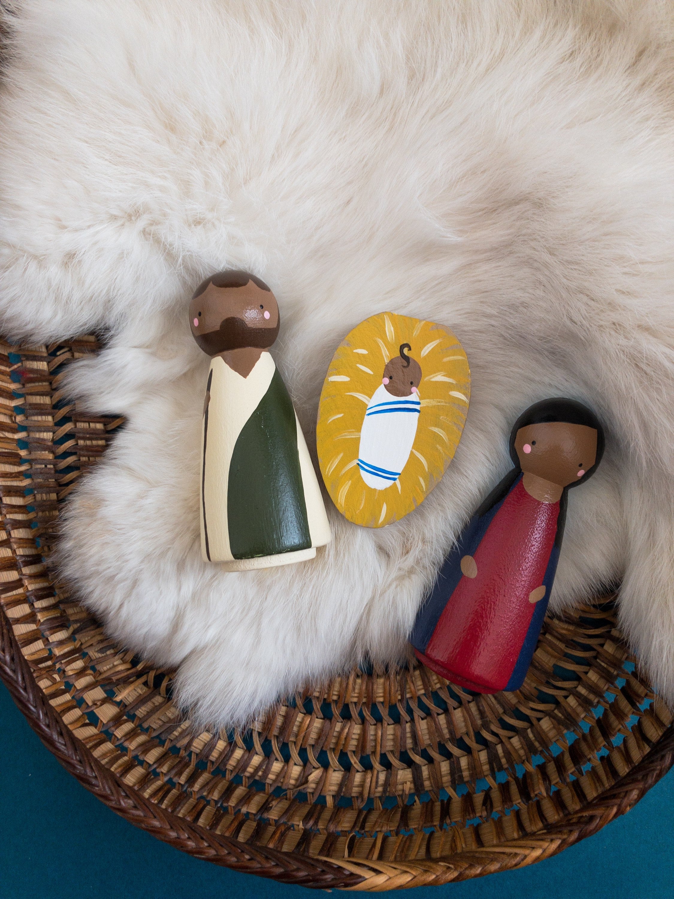 Diverse, kid friendly peg doll nativity set, Holy Family, Mary, Joseph and Jesus, Diverse