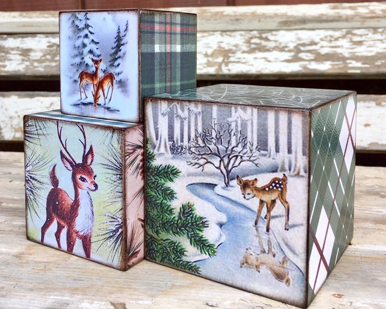 Winter Woodland Deer Christmas Blocks Antique Cabin Snow Etsy