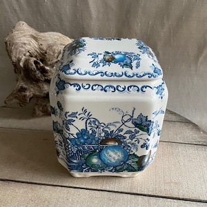 English Ironstone Lidded Fan Jar &quot; Fruit Basket&quot;