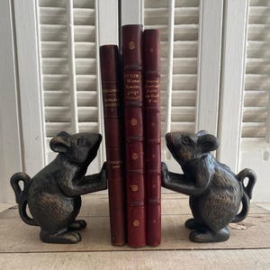 Può includere: Un paio di fermalibri a forma di topo color bronzo che sostengono tre libri color amaranto. I fermalibri sono su una superficie rotonda di legno. I libri hanno scritte dorate e decorazioni.
