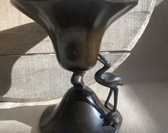 Antique Bronze Votive Candle Holder ~ Heron & Turtle