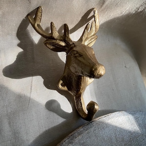 Könnte beinhalten: Wandhaken aus goldfarbenem Metall in Form eines Hirschkopfes. Der Hirsch hat ein detailliertes Gesicht und Geweih. Der Haken ist an der Unterseite des Hirschhalses befestigt.
