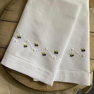 Hand Embroidered Bumble Bee Guest Towels ( Pair )