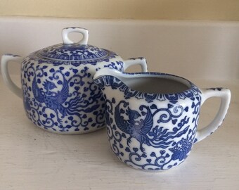 Vintage Blue Phoenix Creamer & Lidded Sugar Bowl
