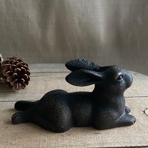 Könnte beinhalten: Eine schwarze Gusseisen-Kaninchenfigur, die auf dem Bauch liegt und den Kopf zur Seite gedreht hat. Das Kaninchen hat eine lange, dünne Nase und große Ohren.
