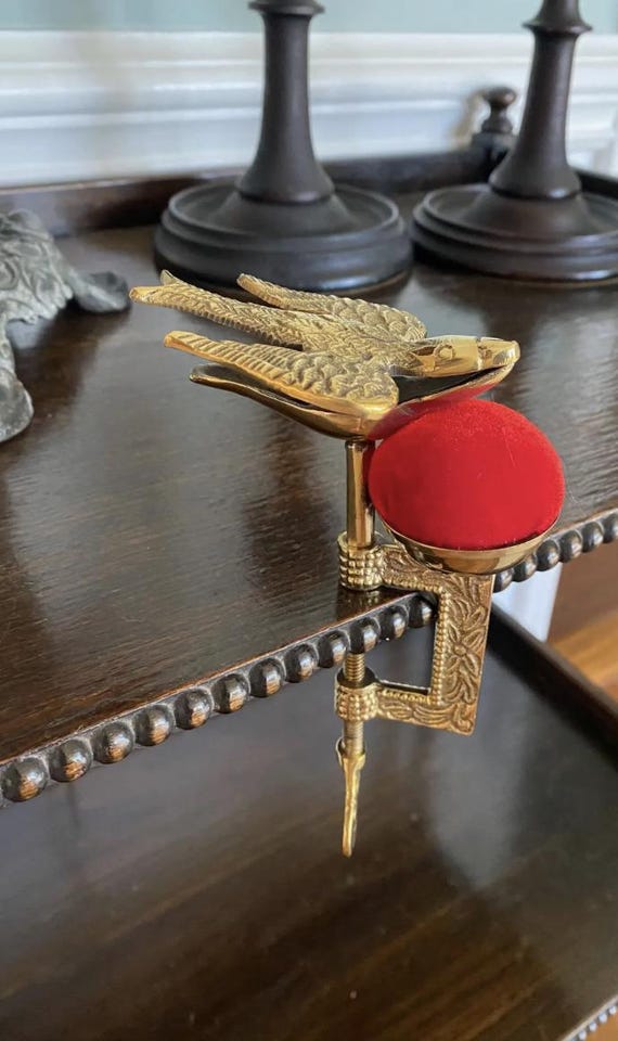 Brass Victorian Sewing Bird Table Clip & Pincushion