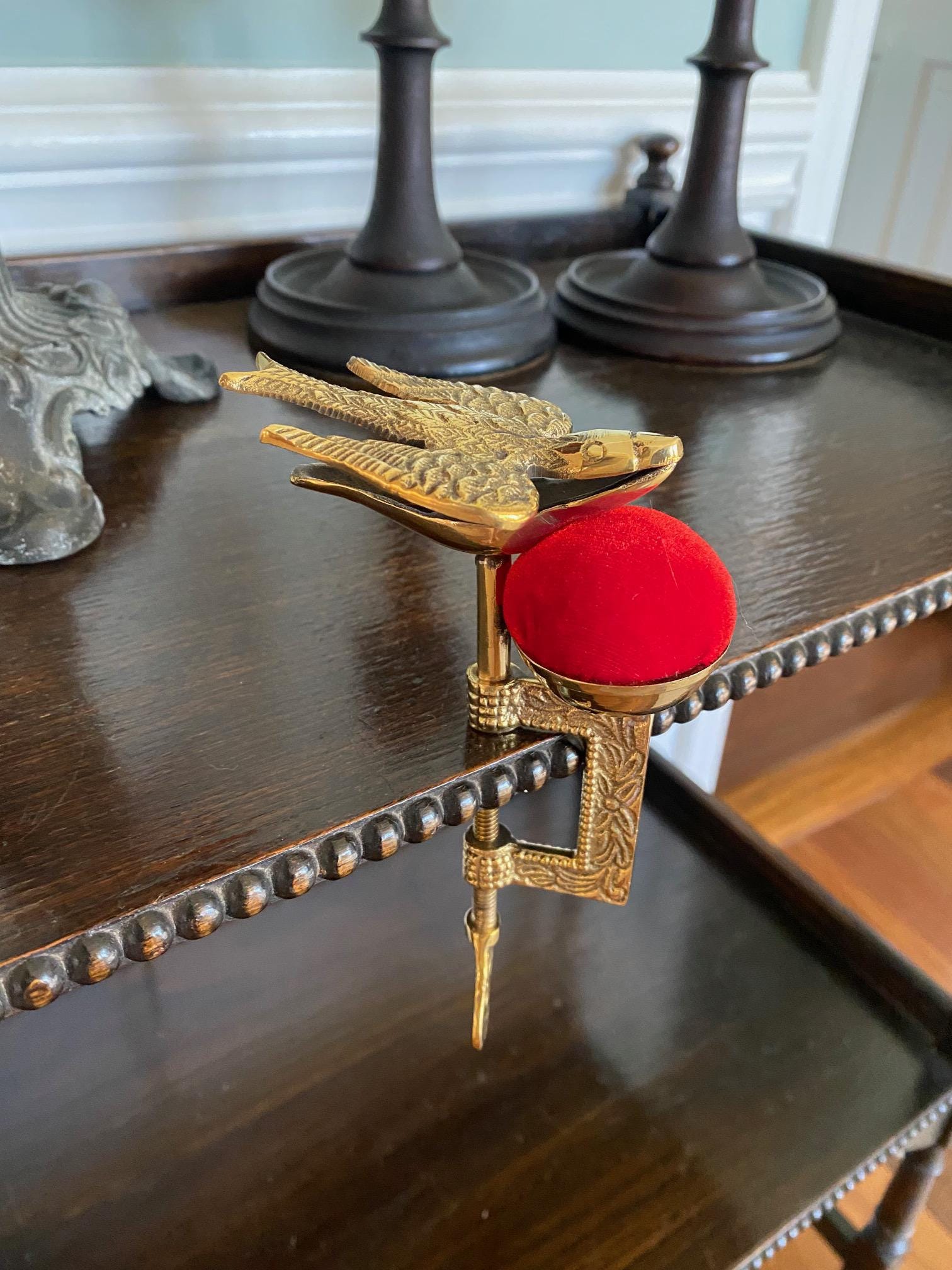 Brass Sewing Bird Thread Holder w/ Pincushion Clip
