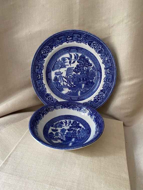 English Blue Willow Plate & Bowl - Etsy