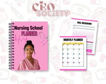 May include: A pink spiral-bound "Nursing School Planner" with a photo of a smiling woman in a pink scrub top. The planner includes a monthly planner and goal breakdown pages. The image has medical-themed illustrations.