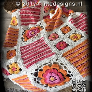 May include: A crocheted blanket with a white background and colorful squares featuring flowers in shades of pink, orange, and yellow. The blanket is made with a variety of stitches and textures, creating a unique and eye-catching design. © 2017 littedesigns.nl