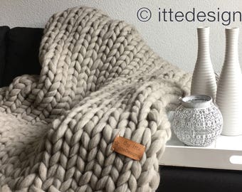 Living Blanket XXL 100% Merino wool light grey/brown/Plaid thick wool chunky knit chunky Knitted