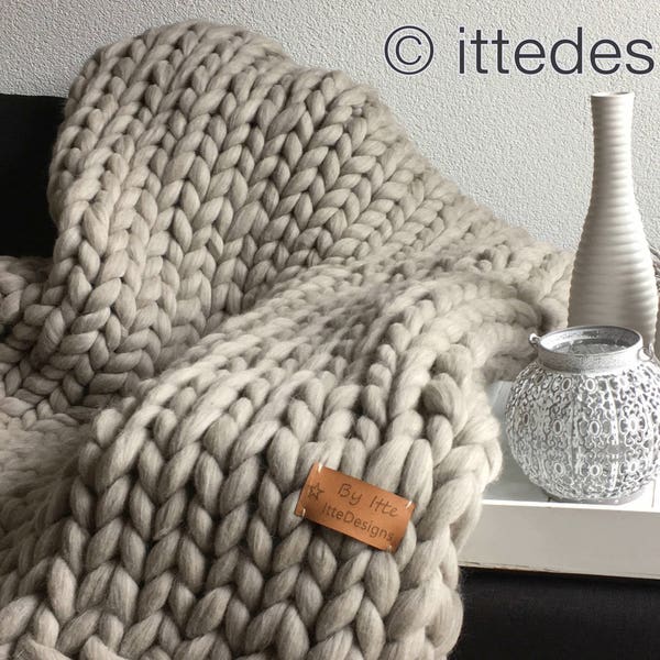 Vivre la couverture XXL 100 % laine mérinos clair gris/brun/Plaid épais tricot de laine Chunky chunky tricot